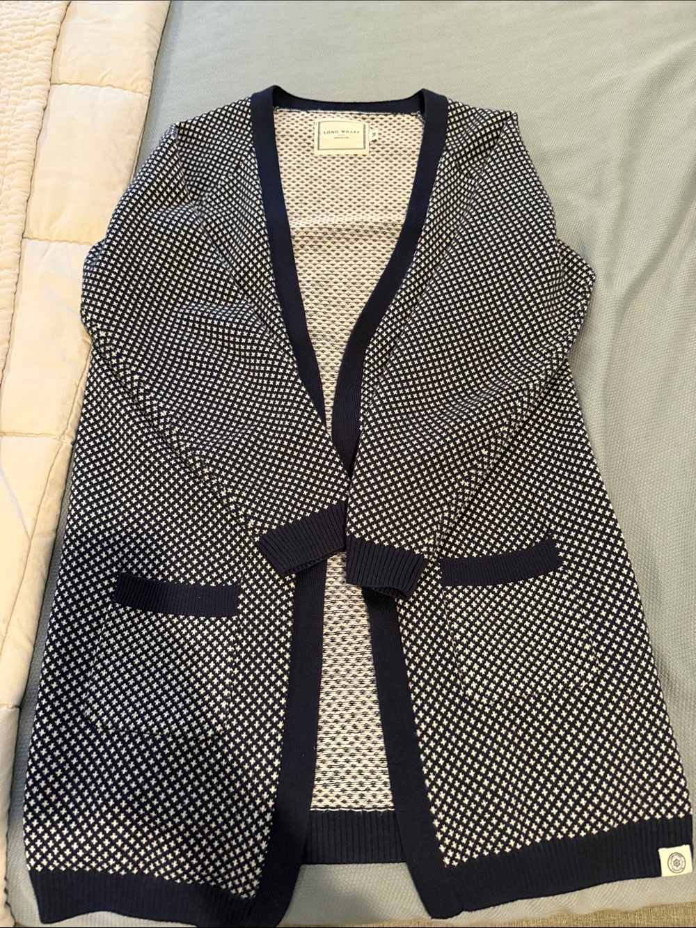 Long Wharf Navy and White Long Open-Front Cardigan M